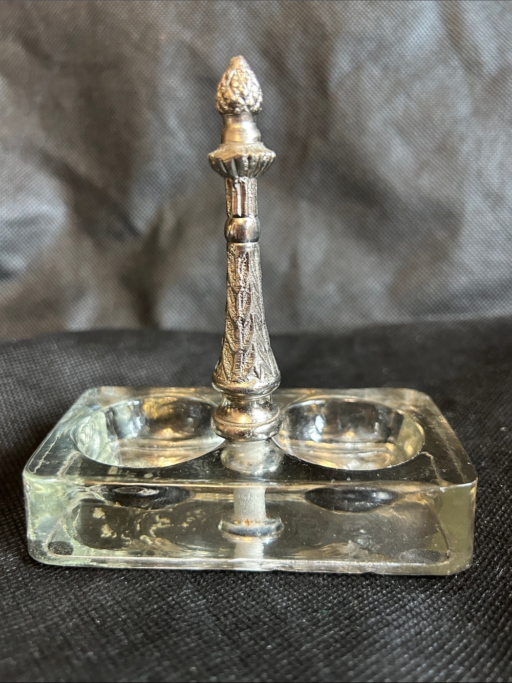 Vintage Double Inkwell Glass Base with Ornate Silver Tone Stand